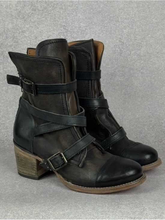 freebird Shoes - Freebird “Canyon” Black Leather Strappy Block Heel Ankle Boots
